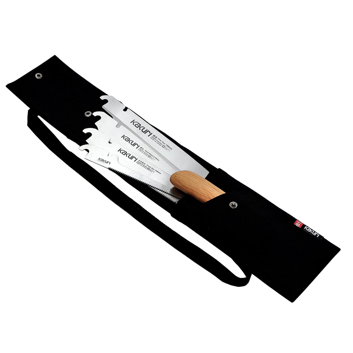 KAKURI Japanese Pull Saw Set for Precision Woodworking - Fine Cut 7", Flush Cut 7", Hardwood 8.2", Keyhole 6" - Red Oak Handles with Oil Finish, Canvas Carrying Case - Made in Japan