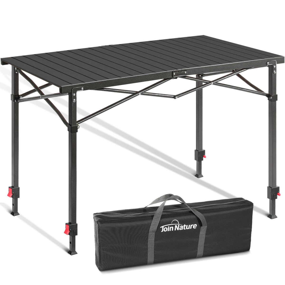Join Nature Portable Outdoor Adjustable Height Camping Table, Large for 2-6 Person, Foldable Roll-up Aluminum Camp Table with Carry Bag for Picnic, Camp, Sturdy, Stable, Loads 220 Lbs (Black)