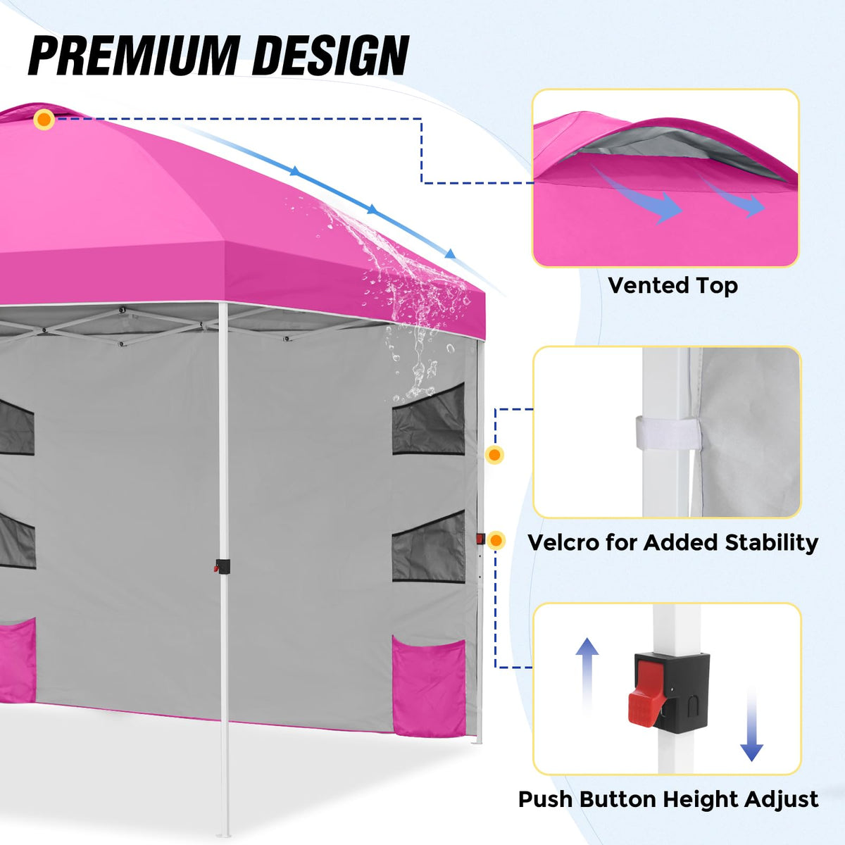 EAGLE PEAK Commercial Canopy 10x10 with Sidewall Storage, Easy OnePerson Setup Pop Up Canopy Tent with Roller Bag, Stakes, Ropes, and Weight Bags, Pink