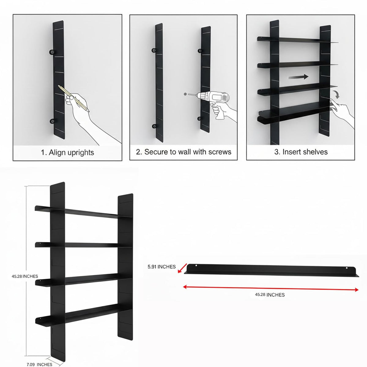 AxureM Modern 4-Tier Floating Wall Shelf, Heavy Duty Metal Bookcase, Decorative Wall Mounted Metal Shelf for Living Room, Bedroom & Office – Designer Home Decor (Orange)