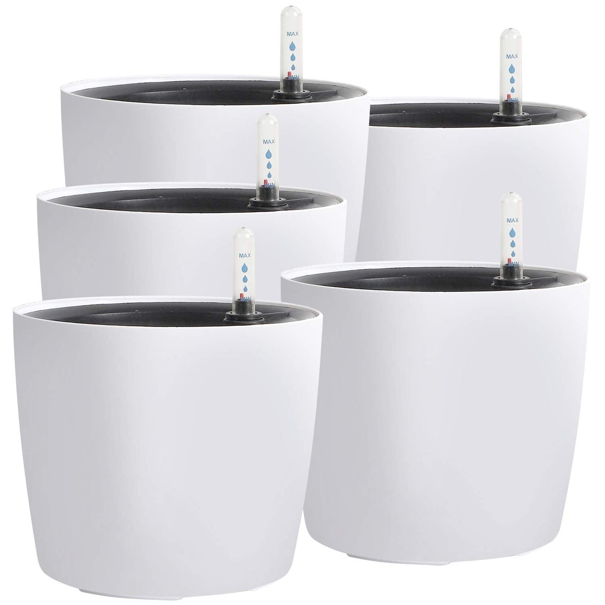 KINJOEK 5 Packs 7 Inch Self Watering Pot with Water Level Indicator, Modern Garden Decorative White Flower Pot, Flowers, African Violets, Succulents, White