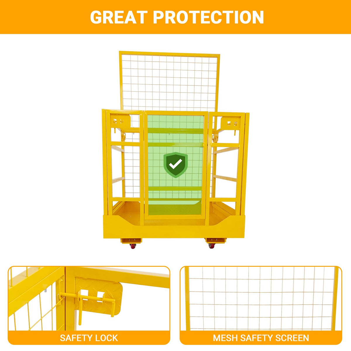 1400LBS Capacity Forklift Safety Cage with Lockable Swivel Wheels - 43"x45" Forklift Man Basket with Safety Harness - Collapsible Lift Basket