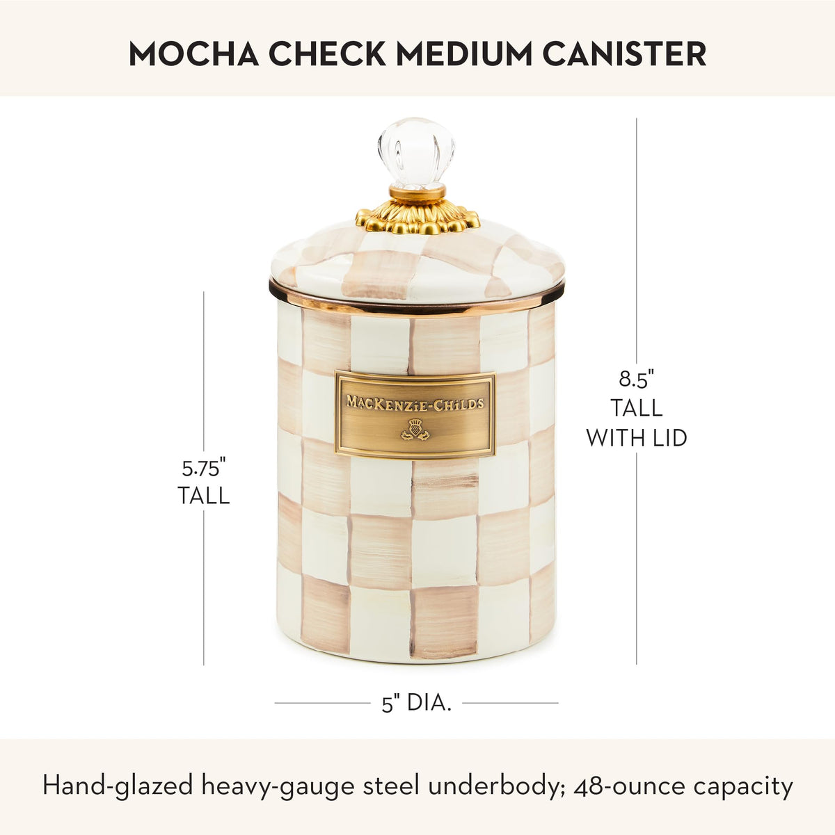 MACKENZIE-CHILDS Enamel Canister, Versatile Kitchen Storage Container for Flour and Sugar, Medium, 48-Ounce Capacity, Brown-and-White Mocha Check