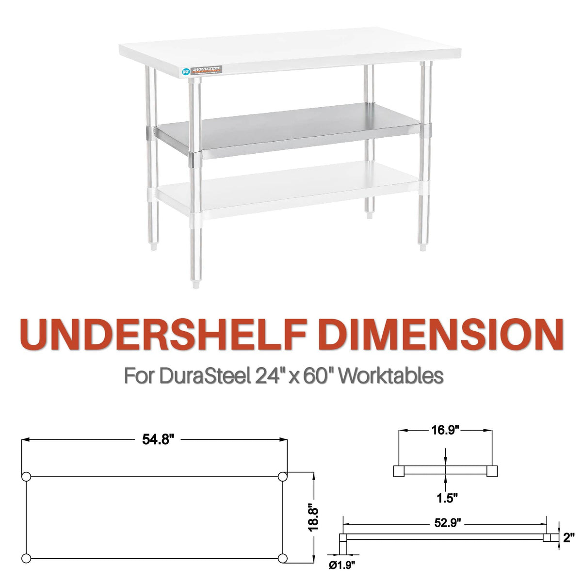 DuraSteel Galvanized Under Shelf for Work Tables - Extra Adjustable Lower Shelf for 24" x 60" Stainless Steel and Wooden Worktables - Fits for use in Restaurant, Warehouse, Home, Kitchen, Garage