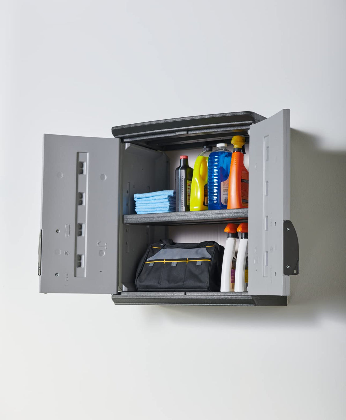 Rubbermaid Wall Mounted Storage Cabinet with Doors 150-Pound Capacity Gray Lockable Three-Shelf Cubbard for Tools/Car Accessories/Cleaning in Home/Garage/Outdoor Areas