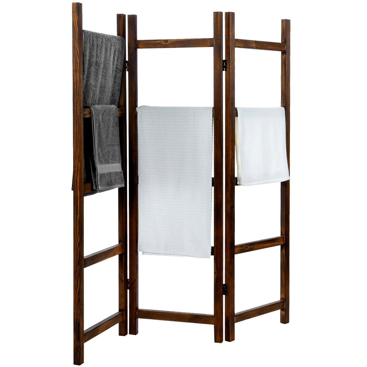 Blanket Ladder,Burnt Wood Blanket Ladder 59" H Freestanding and Folding, 6 Tier and 3 Panel Towel Rack for Bathroom, Decorative Display Ladder Shelf Quit Rack for Living Room, Brown.