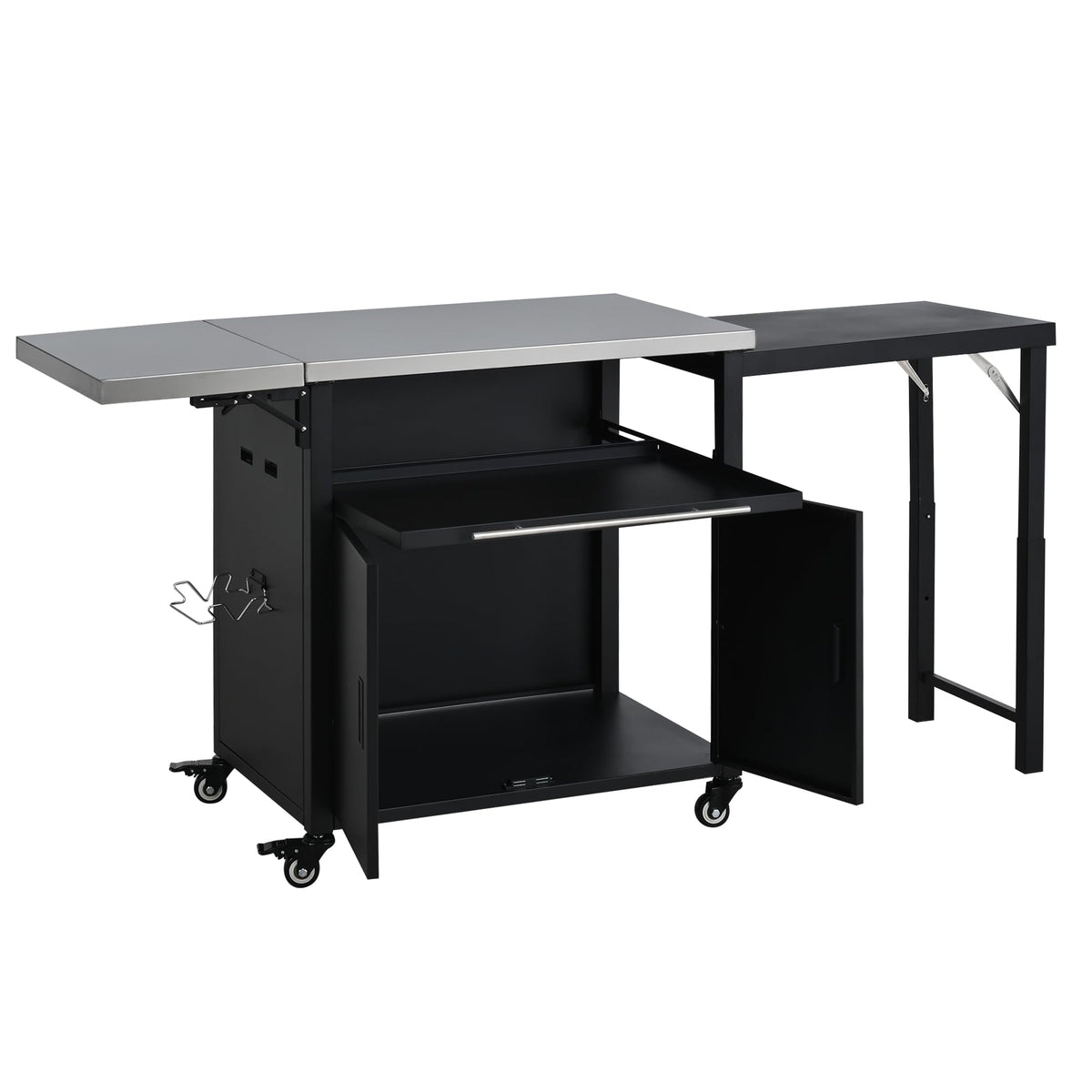 Merax Foldable Outdoor Kitchen Island & BBQ Prep Cart with Stainless Steel Top &Trash Rack & Lockable Wheels & Storage Cabinets – Portable Patio Dining Station for Grilling & Backyard & Camping, Black
