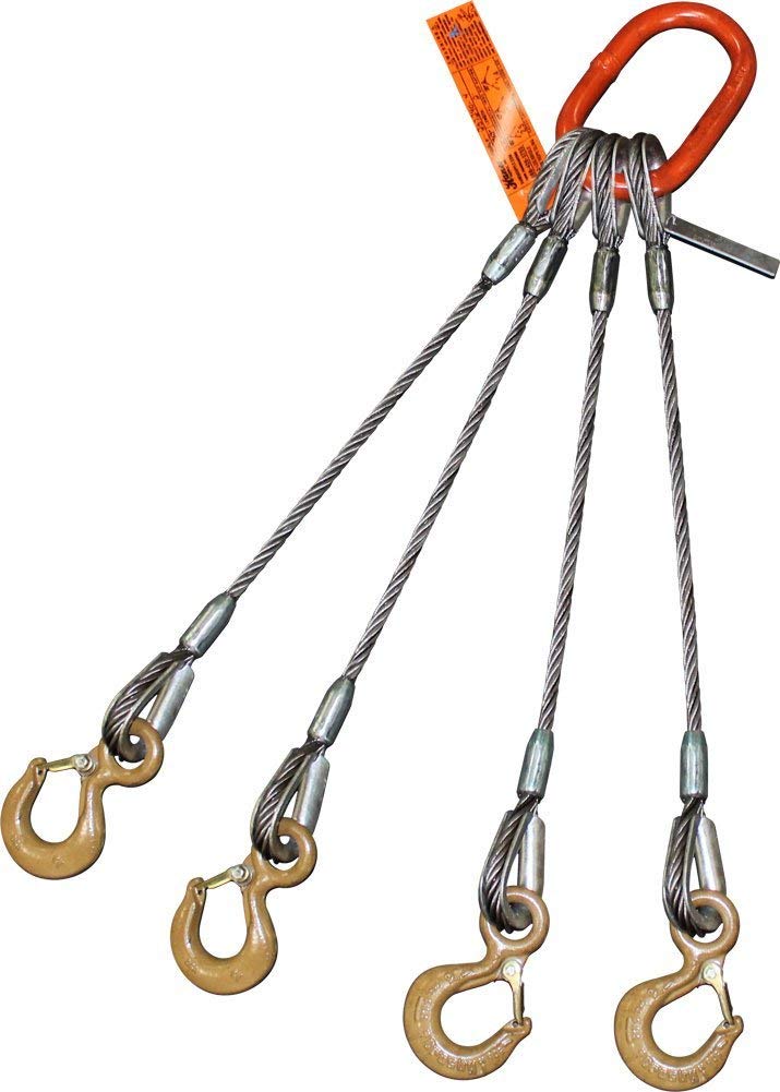 Four Leg Bridle Wire Rope Sling | 3.5 Ton Vertical Rated | Eye Hooks with Safety Latches | 5/16" Dia. | 10' Length | EIPS 6x25 IWRC | Hanes Supply (HSI) Heavy Duty Rigging Cable