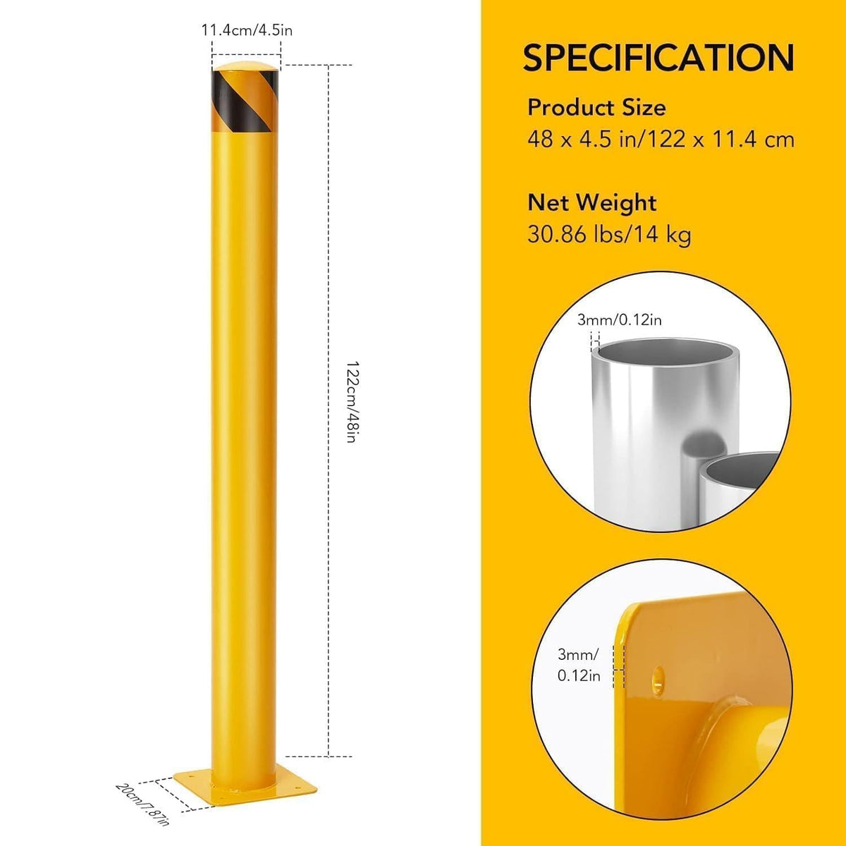 4-Pack 48 Inch Steel Safety Bollards, 4.5 Inch Diameter Parking Bollard Post with 16 Anchor Bolts, Yellow Safety Steel Bollard Post for Driveway Barrier, Traffic Control & Storefront Protection