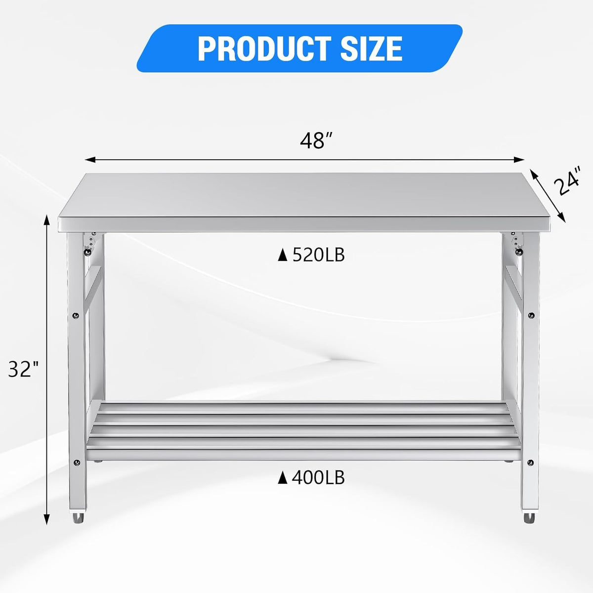 Mioleu Commercial Foldable Heavy Duty Stainless Steel Table, 48 x 24 Inches Metal Prep & Work Desk with Adjustable UnderShelf and Feet for Kitchen Restaurant Home Garage Warehouse
