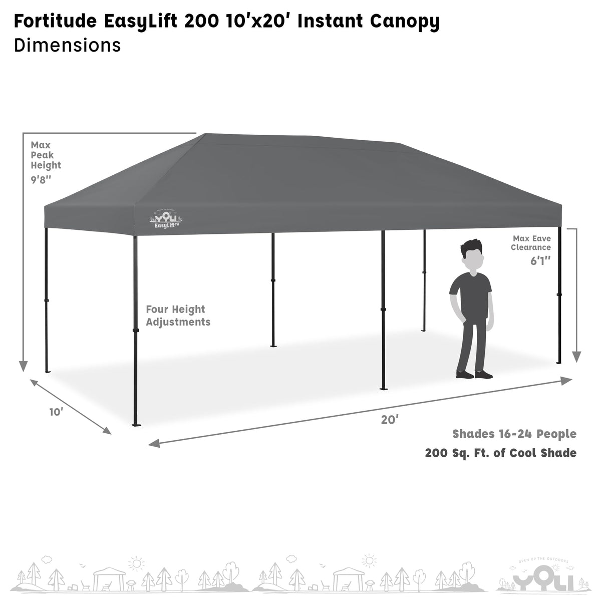 YOLI Fortitude EasyLift 200 Instant Pop-Up Canopy, 10x20 Heavy Duty Pavilion with EasyLift Tech & Heat Reflective Top – Gray