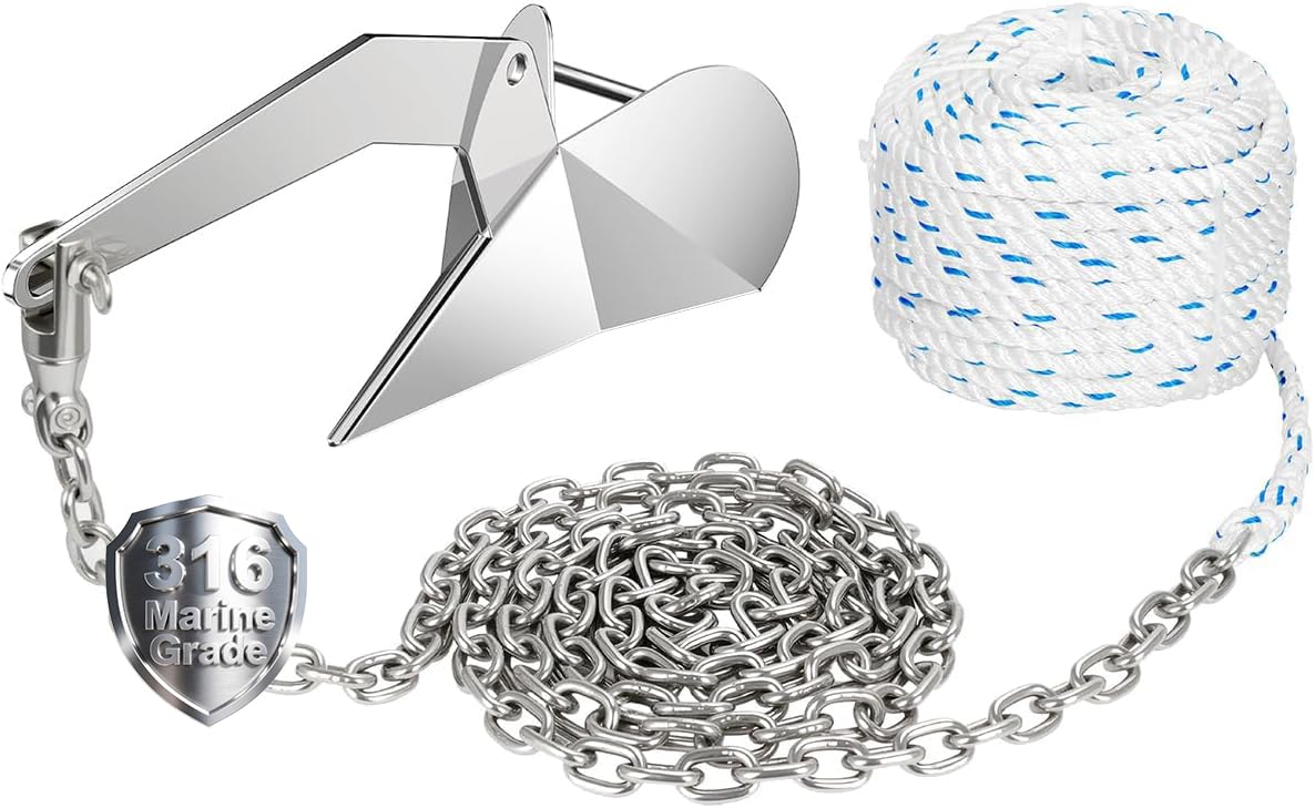 FUCNEN Boat Anchor Kit - 9 Lb 316 Stainless Steel Delta Anchor, 1/2" Anchor Rope 100ft,1/4" G4 Marine Anchor Chain 10ft & Swivel Connector,Windlass Anchor Rode-Rope/Chain for Boat Anchor System