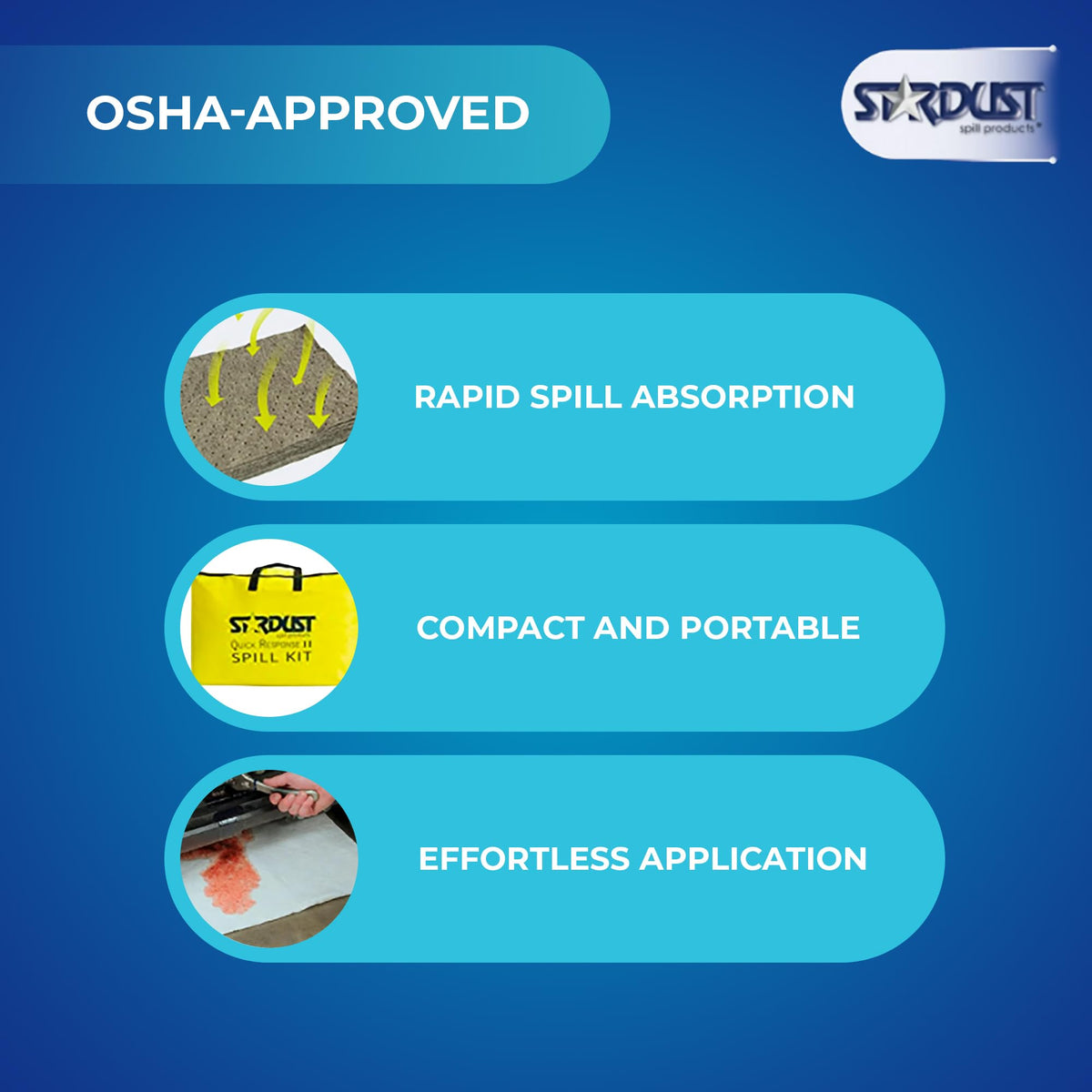 Stardust Spill Products Universal Spill Kit – OSHA Compliant Solution for Vehicles, Industrial, & Restaurant Use, Emergency Response Chemical, Water, & Bodily Fluid Cleanup, 6-Pack