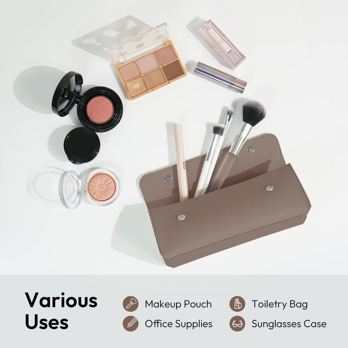 carrotez Stylish PU Leather Makeup Bag: Versatile Travel Toiletry Bag & Cosmetic Pouch, Small Makeup Organizer for Purse Essentials, Ideal Makeup Brush Holder & Sunglasses Case for Women - Cocoa Brown