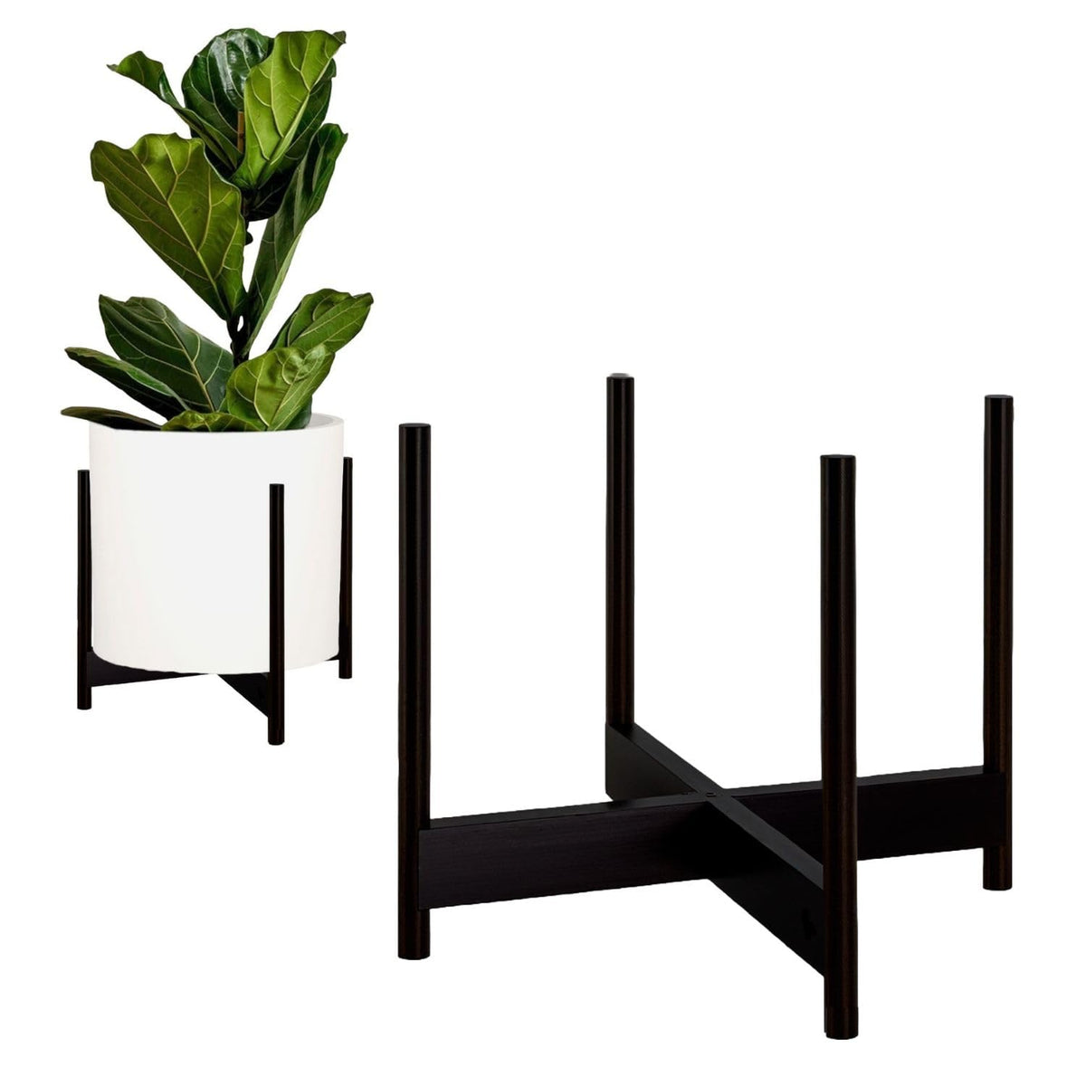 Fox & Fern Bamboo Plant Stand — 14.9 Inch Fixed Size Wooden Mid Century Planter Stand for Indoor Planters (Not Included); Extra Large Flower Pot Holder for Indoor Big Pots; Plug In Design; Dark Bamboo