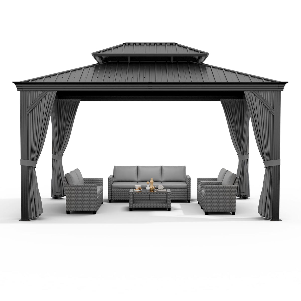 IDEALHOUSE Heavy Duty Aluminum Hardtop Gazebo with Double Roof, Mosquito Netting & Privacy Curtains, Weather-Resistant Outdoor Pavilion for Patio, Garden, Deck, or Backyard, Reinforced Frame, Black