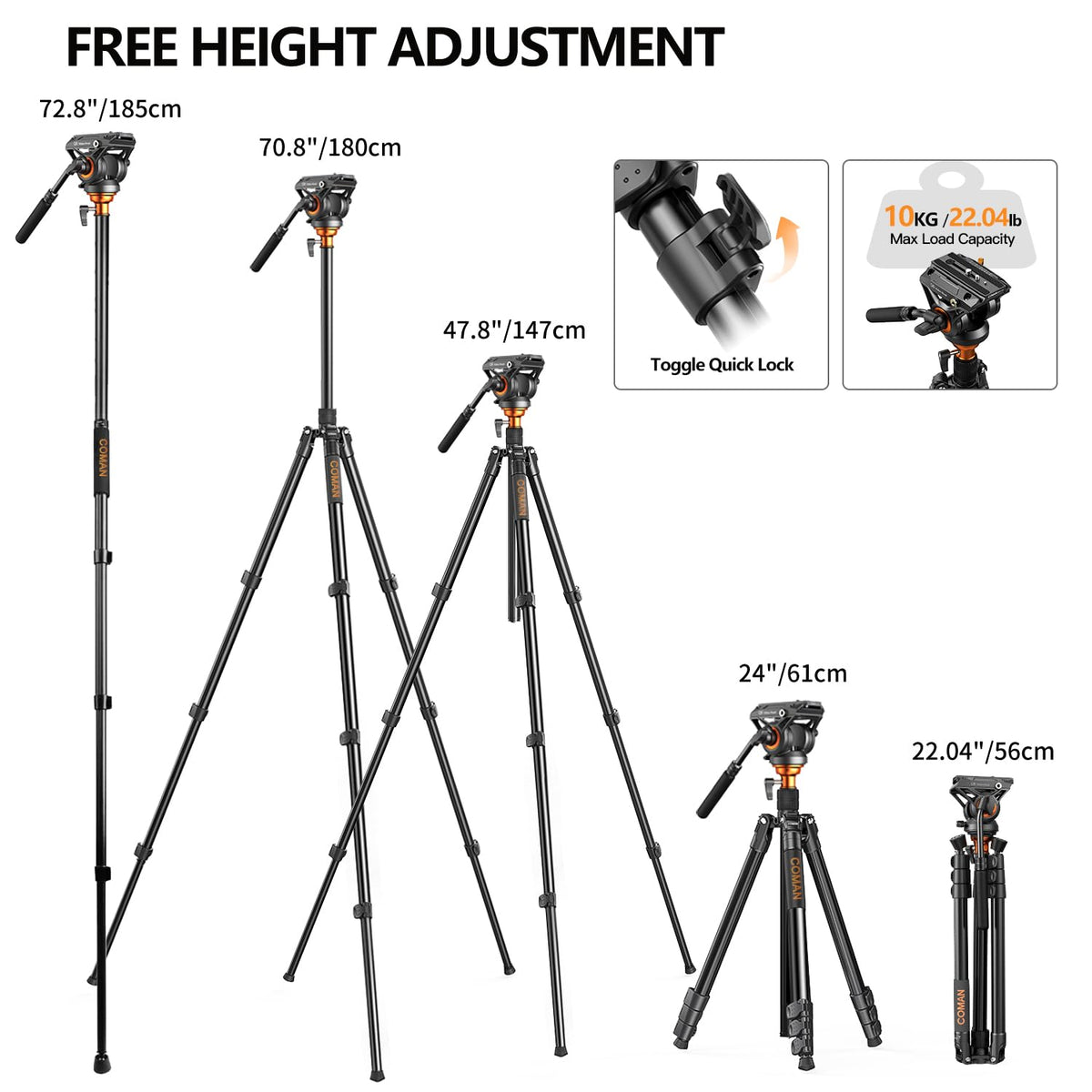 COMAN 73" Camera Tripod with Fluid Head & Leveling Bowl, 22lb Payload, Portable Aluminium 2-in-1 Tripod Monopod, Quick Release Plate, for Canon Nikon Sony DJI DSLR Camera, Black (FF06S)