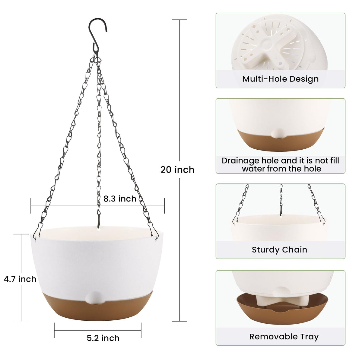 Dovesail 8.3 Inch Hanging Planter, 3 Pack Hanging Plastic Plant Self Watering Pot with Drainage Holes and Saucers, Hanging Baskets Flower Pots for Indoor Outdoor Garden Plants and Flowers-White