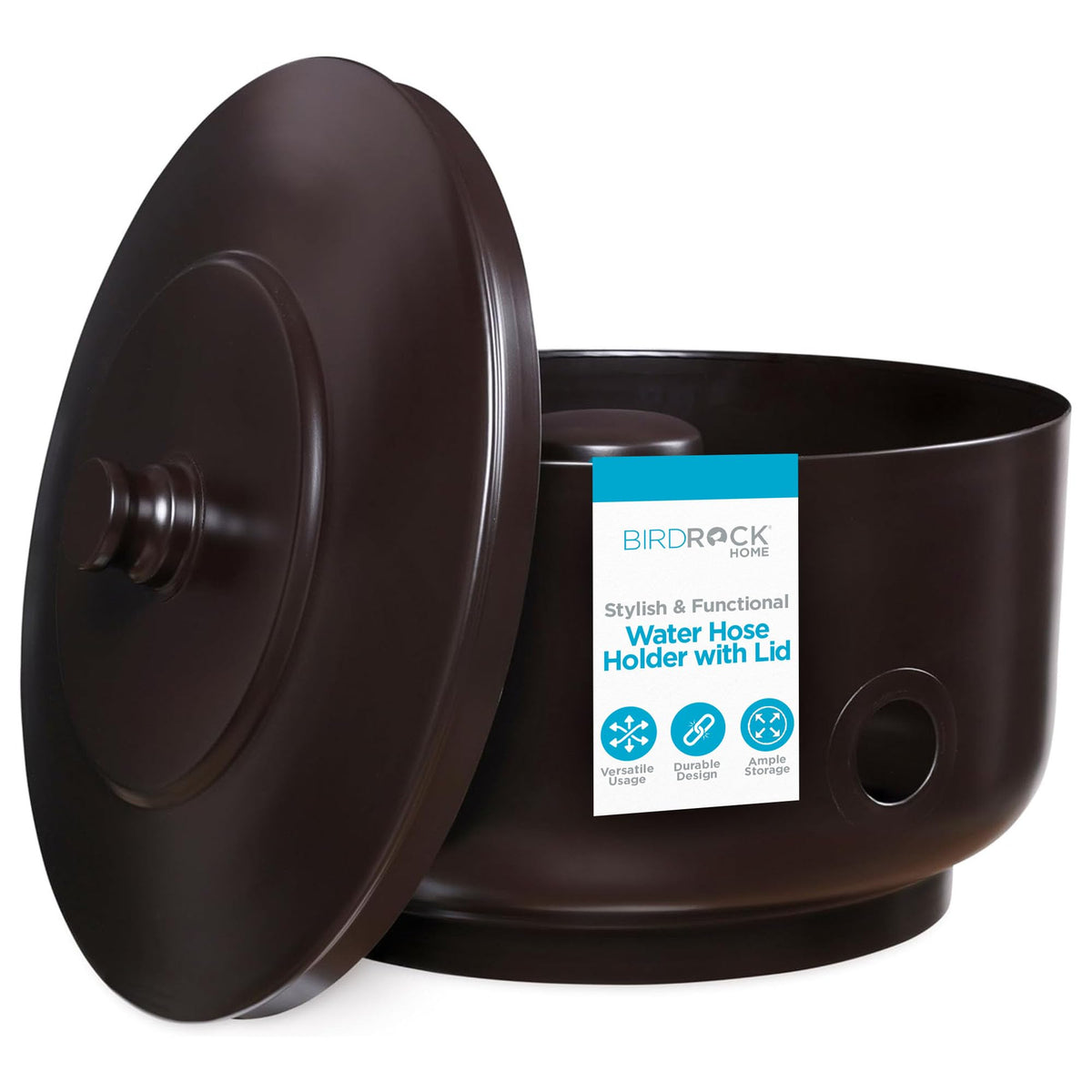 BIRDROCK HOME Decorative Footed Water Hose Holder Pot with Lid | Holds 100ft Hose | Ground Garden Box | Powdered Coated Steel | Metal Hider | Outdoor or Indoor (Oil Rubbed Bronze)