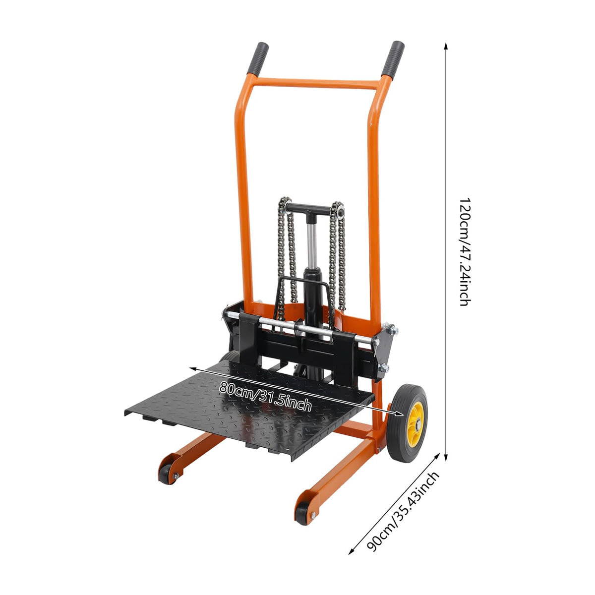 BRICZUNA Hydraulic Material Lift Pallet Truck Dolly Adjustable Forklift Stacker Pallet Jack Hydraulic Material Lift Winch Stacker for Workshops & Warehouses, Tangerine (35.43" H, Max. Load 577 Lbs)