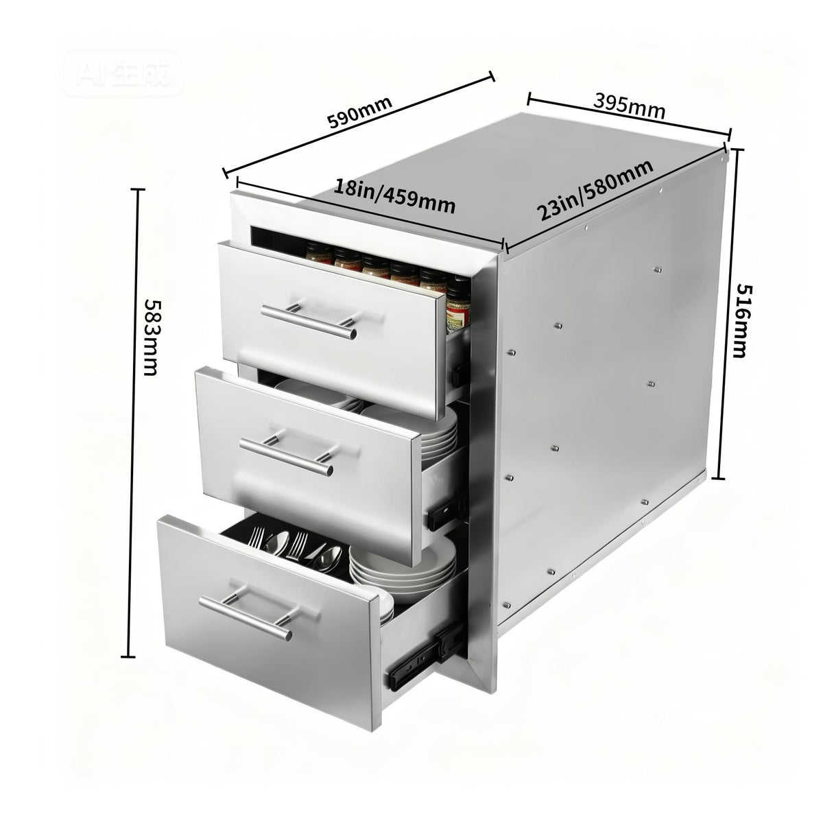 Cxforste Outdoor Kitchen Drawers with Triple-Access & Handles ，18" W x 23" H x 23" D Stainless Steel Flush Mount Modular Cabinet for BBQ Islands & Patios