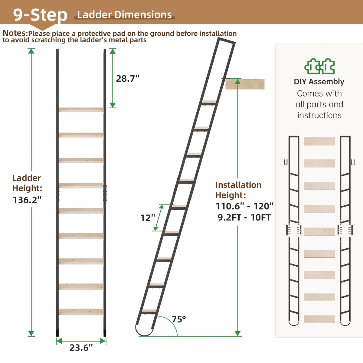 11.35FT Industrial Style Loft Ladder, 9 Steps with Black Steel Handrails & Solid Wood Steps, 450lbs Capacity, Fits 9.2-10FT Installation Height,for Attic, Kitchen, Warehouse,Bookshelf& Outdoor
