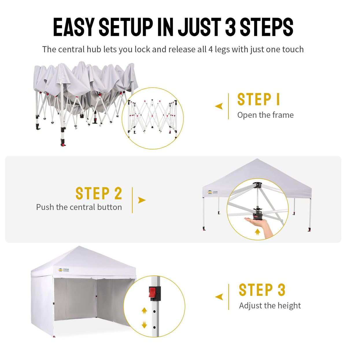 CROWN SHADES 10X10 Commercial Instant Canopy Pop Up Tent with CENTERLOK, 300D Fabric, 4 Sidewalls, White