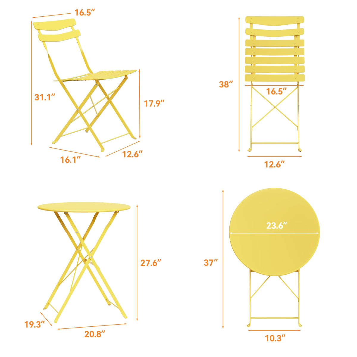 GarveeHome 3 Piece Foldable Patio Bistro Set, Outdoor/Indoor Metal Table and Chairs Furniture, Compact Round Table with 2 Folding Chairs for Balcony, Porch, Garden, Apartment, Small Space, Yellow