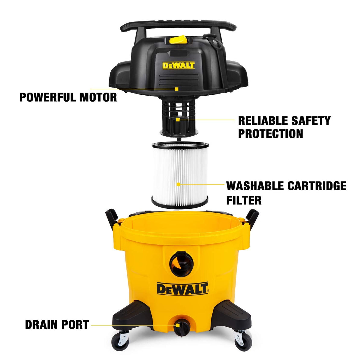 DEWALT Dust Separator with 6 Gallon Poly Tank, Yellow & DXV10P 10 Gallon Quiet Poly Wet Dry Vacuum Yellow