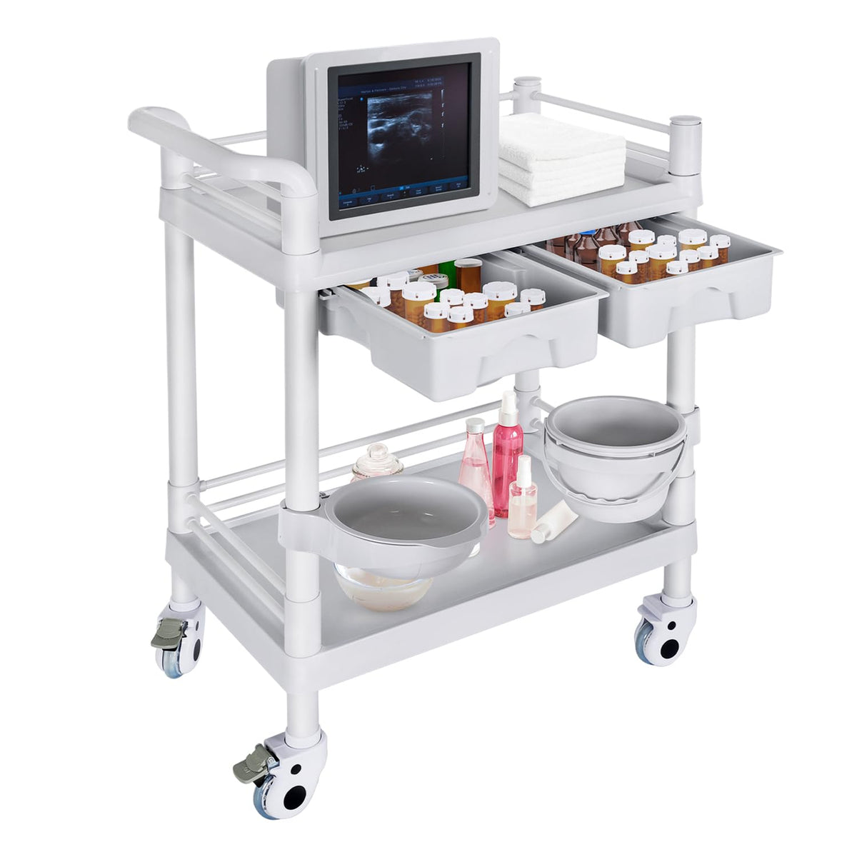 Medical Mobile Trolley Cart 2-Shelf 220 LBS Max Load Rolling Utility Cart Heavy Duty Beauty Salon Storage Cart with Drawers Dirt Buckets Rotate Wheels 2 Brake for Hospital Dental Clinic Home