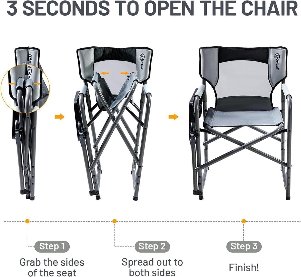 Portal Folding Director Chair with 2-Way Rotating Side Table, Heavy Duty 300 lb Camping Chair with Swivel Tray & Cup Holder, Ergonomic Mesh Back Portable Outdoor Seat for RV, Tailgating & Lawn, Grey
