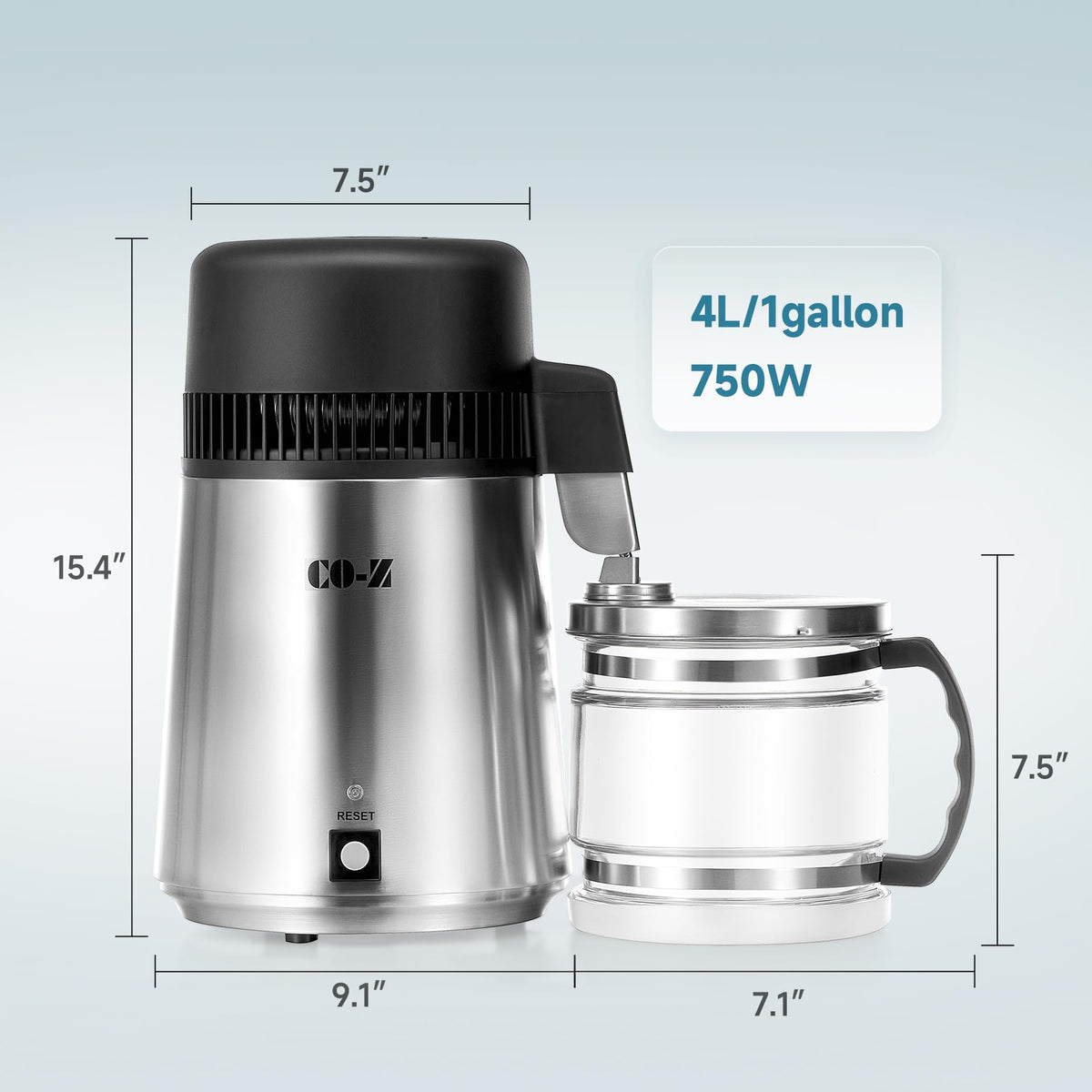 CO-Z 4L Brushed Stainless Steel Countertop Distiller Machine, Home Distilled Water Maker with Glass Pot, Purifier to Make Clean Water