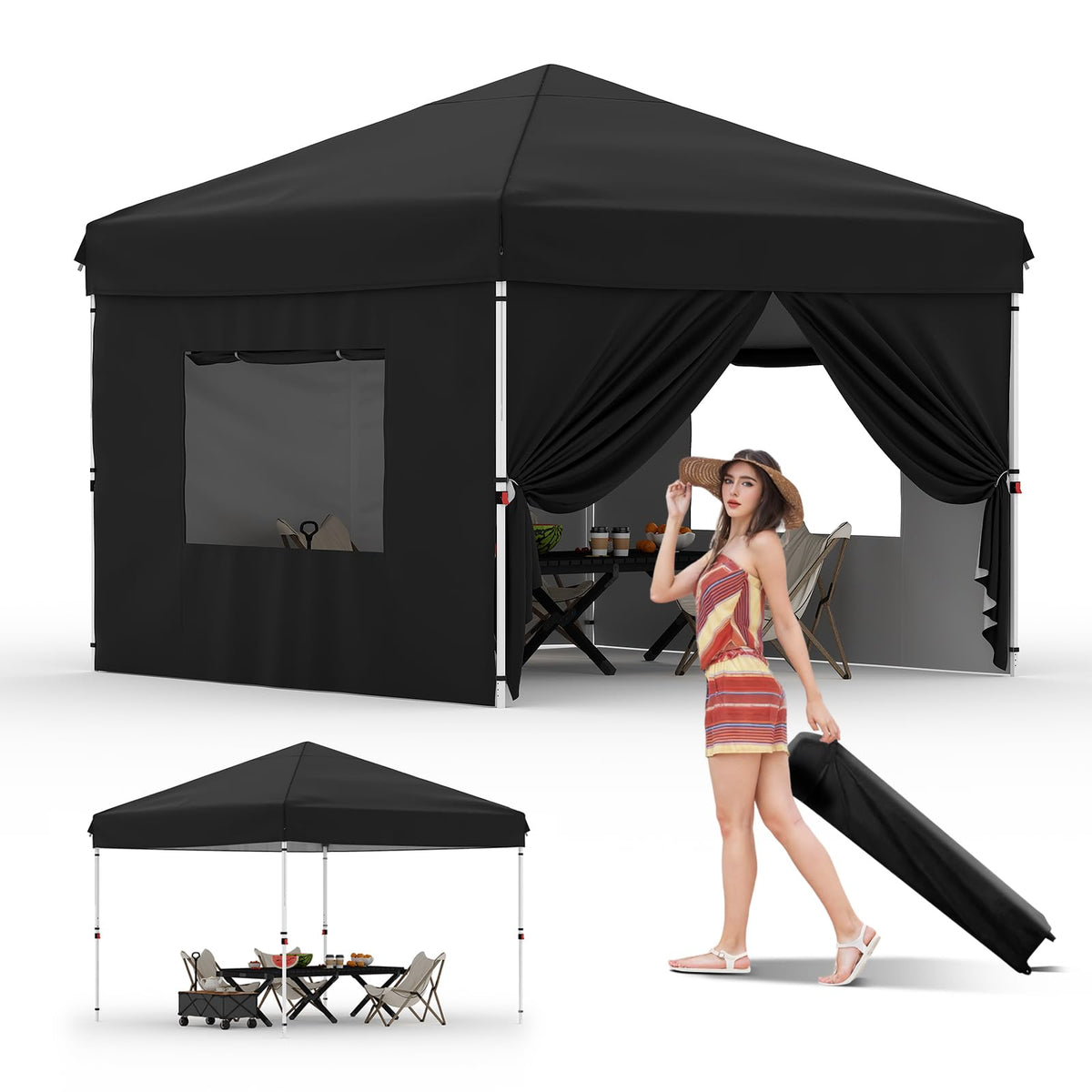 Garvee 10 ft x10 ft Pop Up Canopy Tent with 4Pcs Sidewalls, Portable Instant Commercial Canopy with 4 Stakes, 4 Ropes, 4 Sandbags for Farmers' Market, Patio, Outdoor, Camping, Black