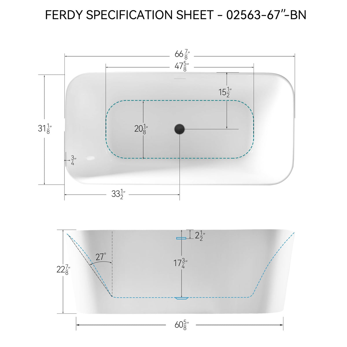 FerdY Maui 67" Acrylic Freestanding Bathtub, Contemporary Elegant Design Soaking Tub with Matte Black Drain and Minimalist Linear Design Overflow, Easy to Install