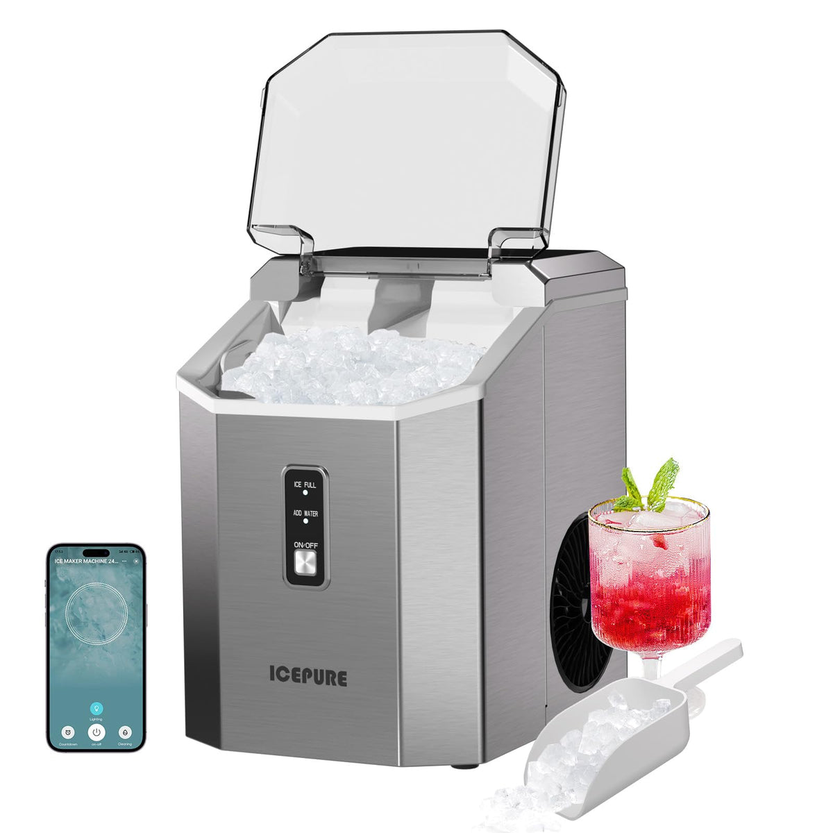 ICEPURE Nugget Ice Makers Countertop with App, Portable Ice Machine with WiFi, 33lbs in 24H, Ready in 5-10 Mins, Self Cleaning，Small Ice Maker with Basket Scoop, for Home/Party/RV(Stainless Steel)