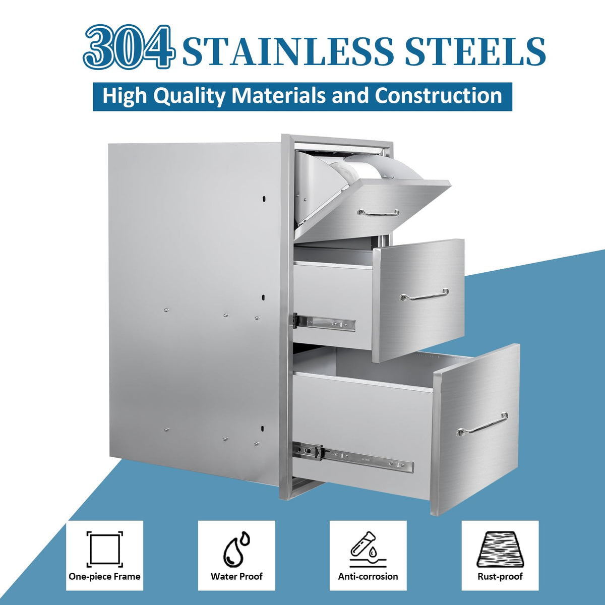 Outdoor Kitchen Drawers with Paper Towel Holder 17"Wx30"Hx20"D Flush Mount Access 3-Drawer BBQ Stainless Steel Drawers with Handle for Outdoor Kitchen Island or Grill Station