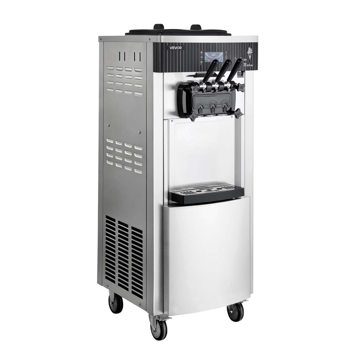 VEVOR Commercial Ice Cream Machine, 20-28L/H Yield, 2200W 3-Flavor Freestanding Soft Serve Ice Cream Maker with 2 x 6L Hoppers & Hopper Agitation, Pre-Cooling Self-Cleaning for Snack Dessert Shops
