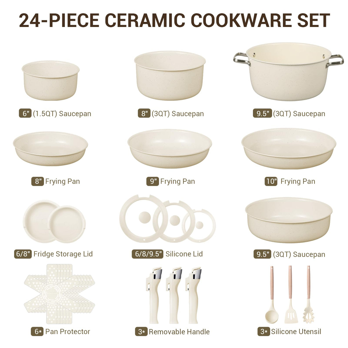 Ammeloo 24-Piece Ceramic Pots and Pans Set Non Stick, Ceramic Cookware Set with Removable Handles, Space Saving, Induction & Oven & Dishwasher Safe, For Small Kitchen, Apartment, RV, Cream White