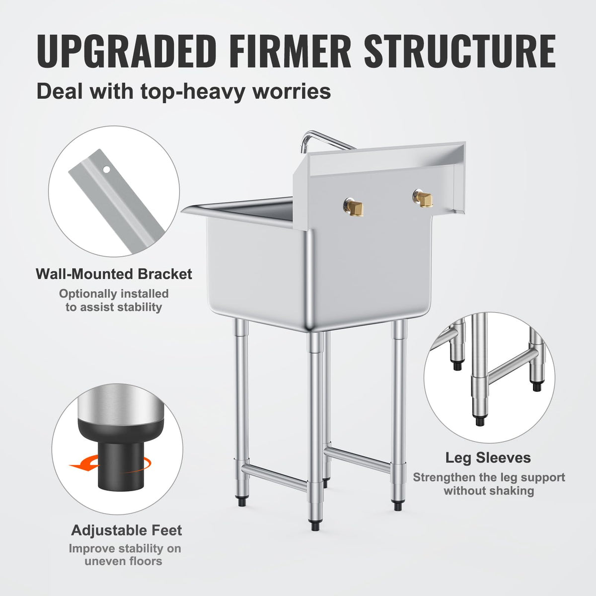 VEVOR Stainless Steel Prep & Utility Sink, 1 Compartment Free Standing Small Sink Include Faucet & legs, 21"x18" Commercial Single Bowl Sinks for Garage, Restaurant, Kitchen, Laundry