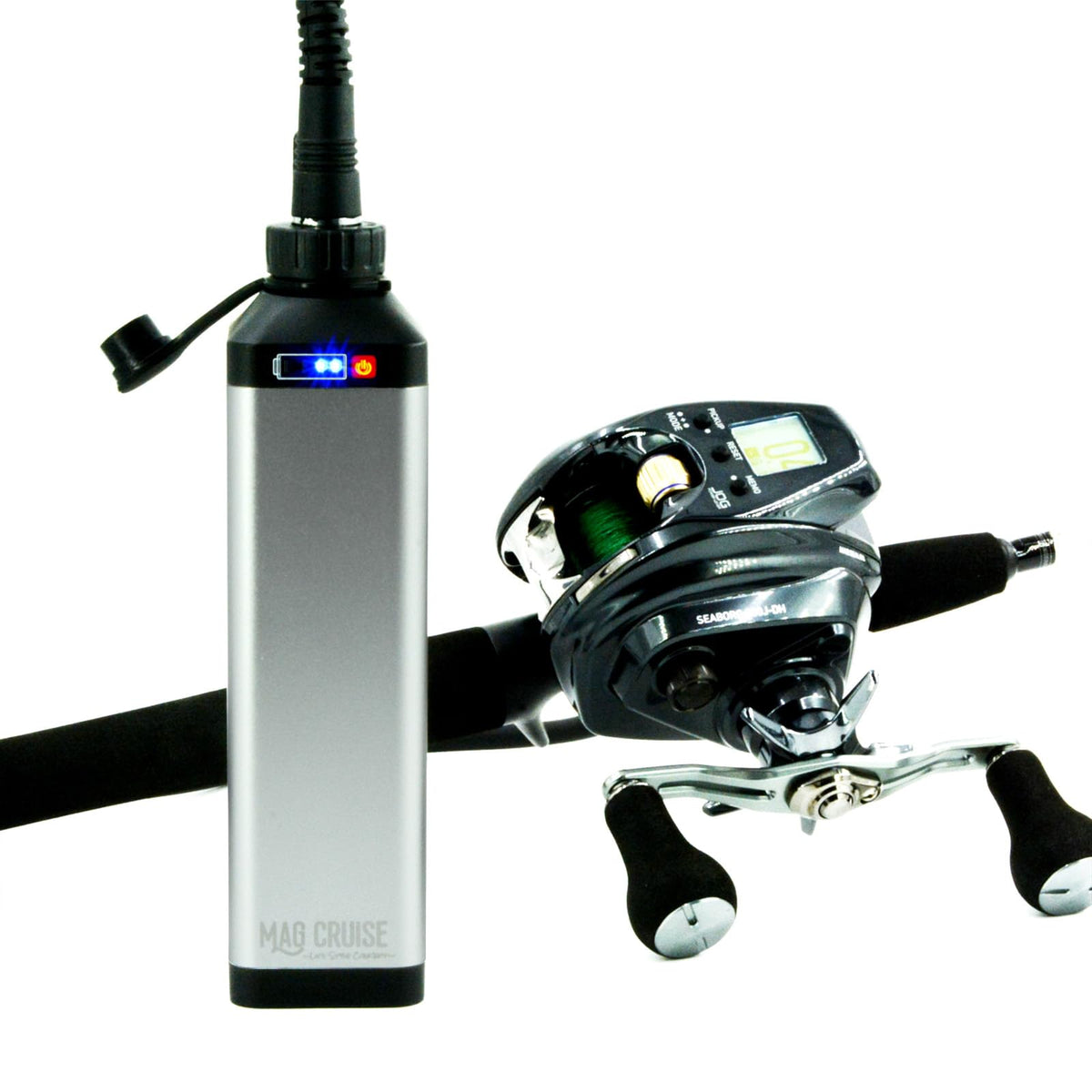 MAG CRUISE 10Ah Sea Fishing Reel Battery and Accessories for Daiwa Tanacom Seaborg Leobritz Shimano Electric Fishing Reel Battery (Free 2m Power Cord) (Silver)