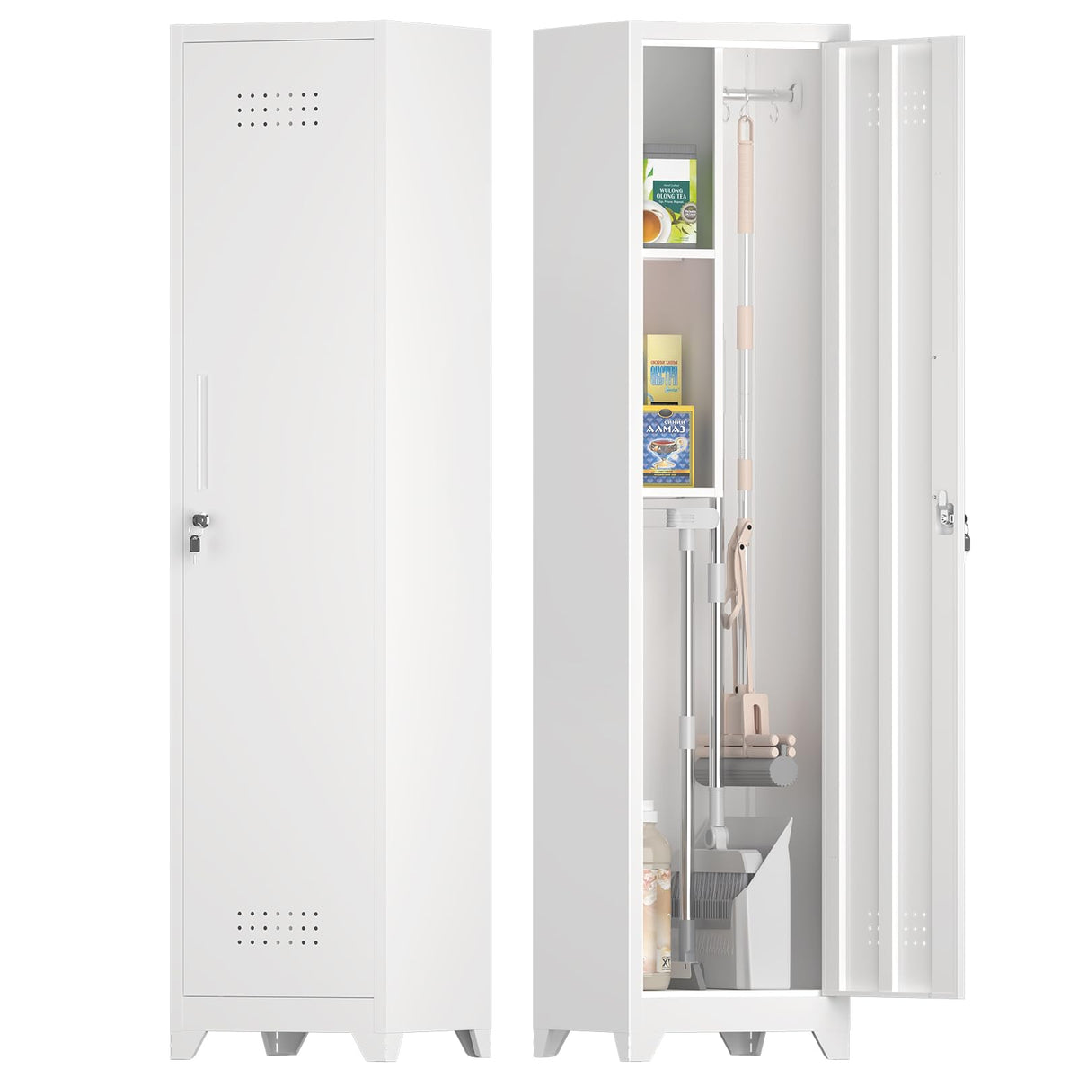 IRONFFICE Tall Broom Closet Storage Cabinet,Narrow Metal Storage Cabinets for Brooms and Mops,Slim Utility Cabinets with Doors,Broom Cabinet for Laundry,Living Room,Office,White