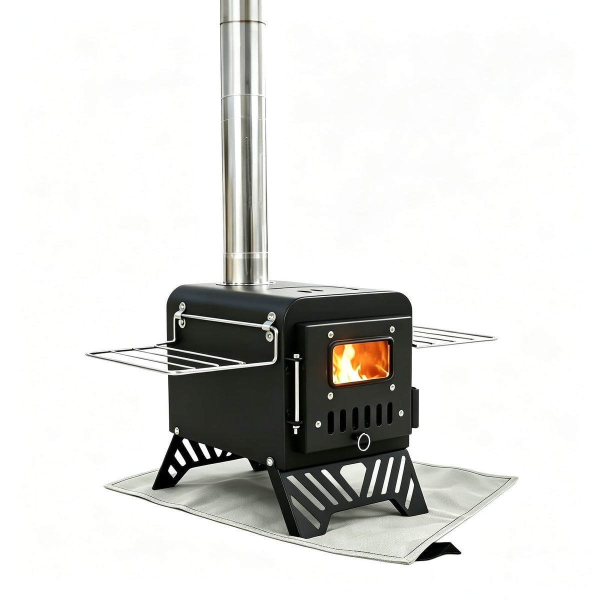 steladomus 4.66ft Mini Wood Burning Stove Kit with Fire Mat, Hook, Window and Chimney, Portable Camping Stove Compact into Car Trunk and Carriable with Side Racks for RV Trip and Outdoor Gatherings