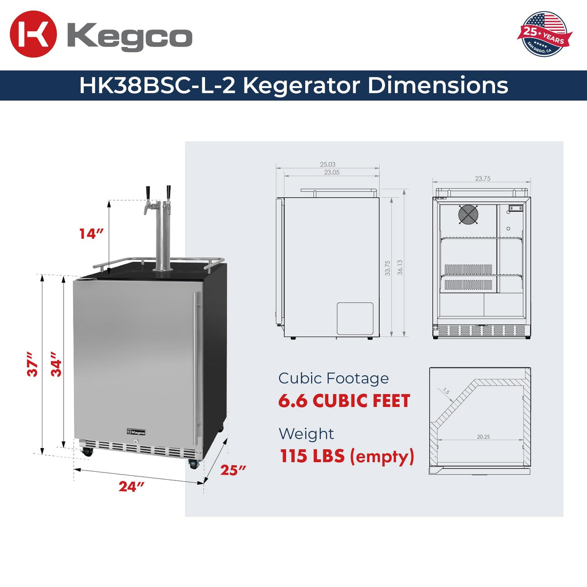 Kegco Kegerator 24" Wide Dual Tap Black/Stainless Steel Commercial Beer Dispenser HK38BSC-L-2
