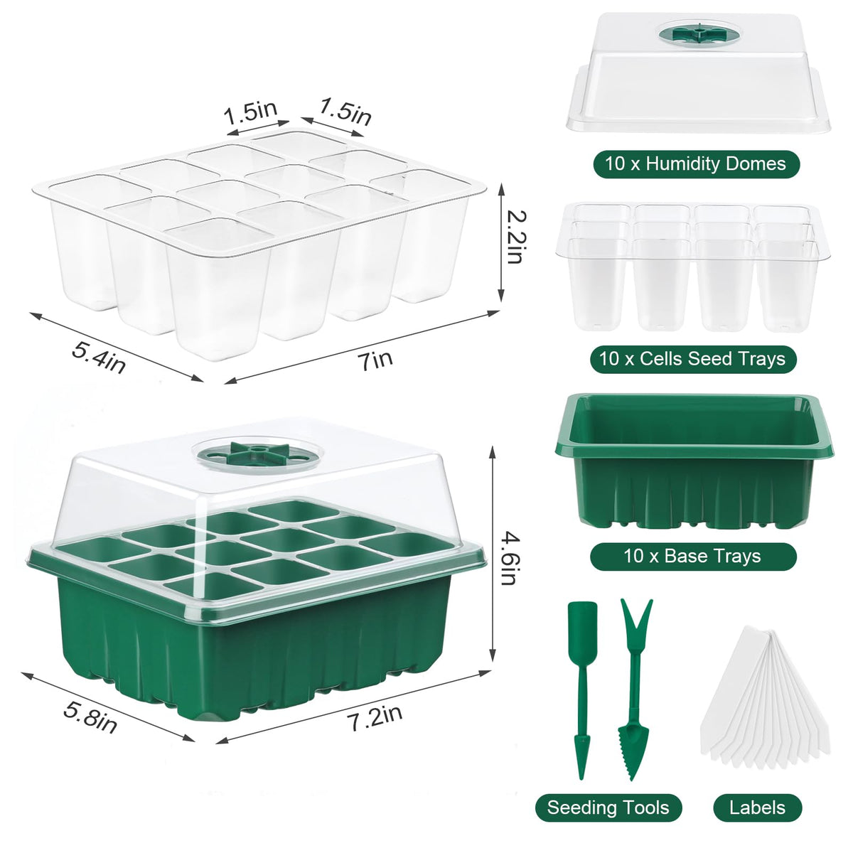 VPQZUPG 10 Pcks Seed Starter Tray 120 Cells Seed Starter Kit with Humidity Dome, Seed StartingTrays for Seed Seedling Planting Starter, Mini Greenhouse Plant Germination Trays（Green）