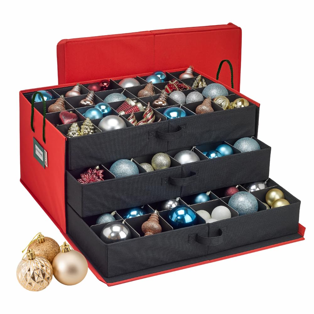 HOLDN’ STORAGE Christmas Ornament Storage Box with Dividers, Holds Up to 72 Ornaments (4 Inches), Large Organizer with 3 Stackable Trays - Red