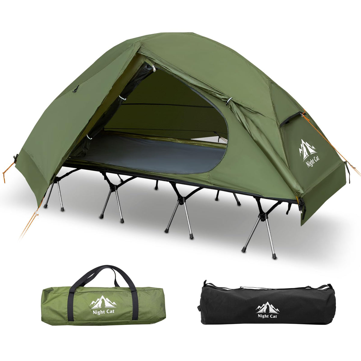 Night Cat Camping Cot Tent - Waterproof 1-Person Off-Ground Combo Cot Bed for Adults Portable Easy Set-up Tent Green 27.5'' Width