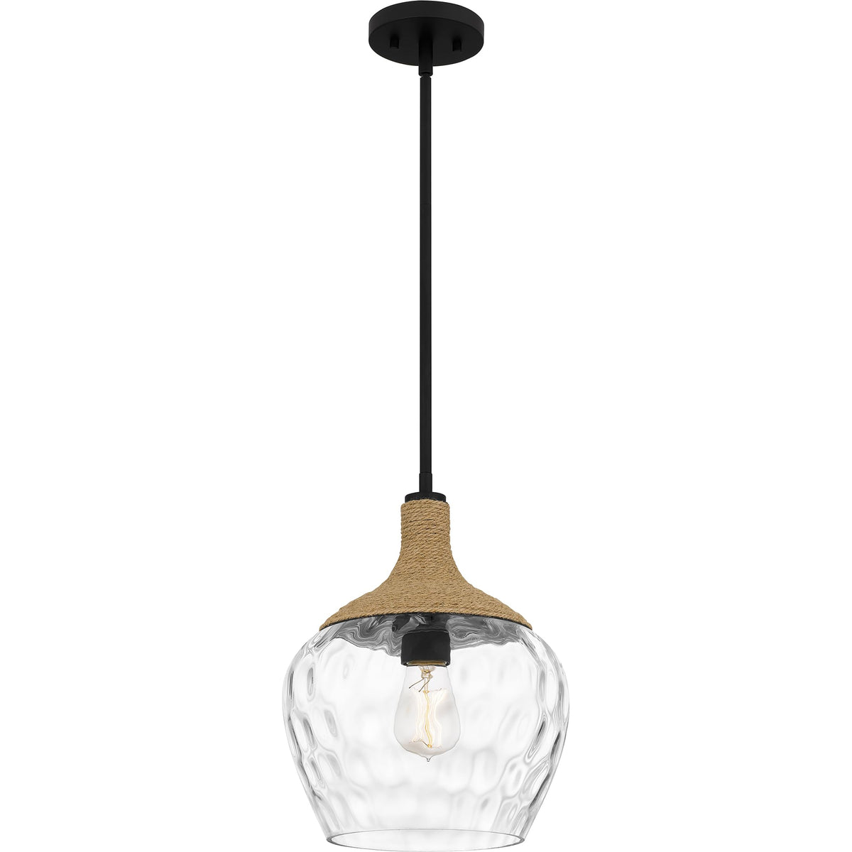 Quoizel Royer 1-Light Mini Pendant, Matte Black, Clear Water Glass with Rope Detail, Coastal Hanging Light for Kitchen, Bedroom or Bar
