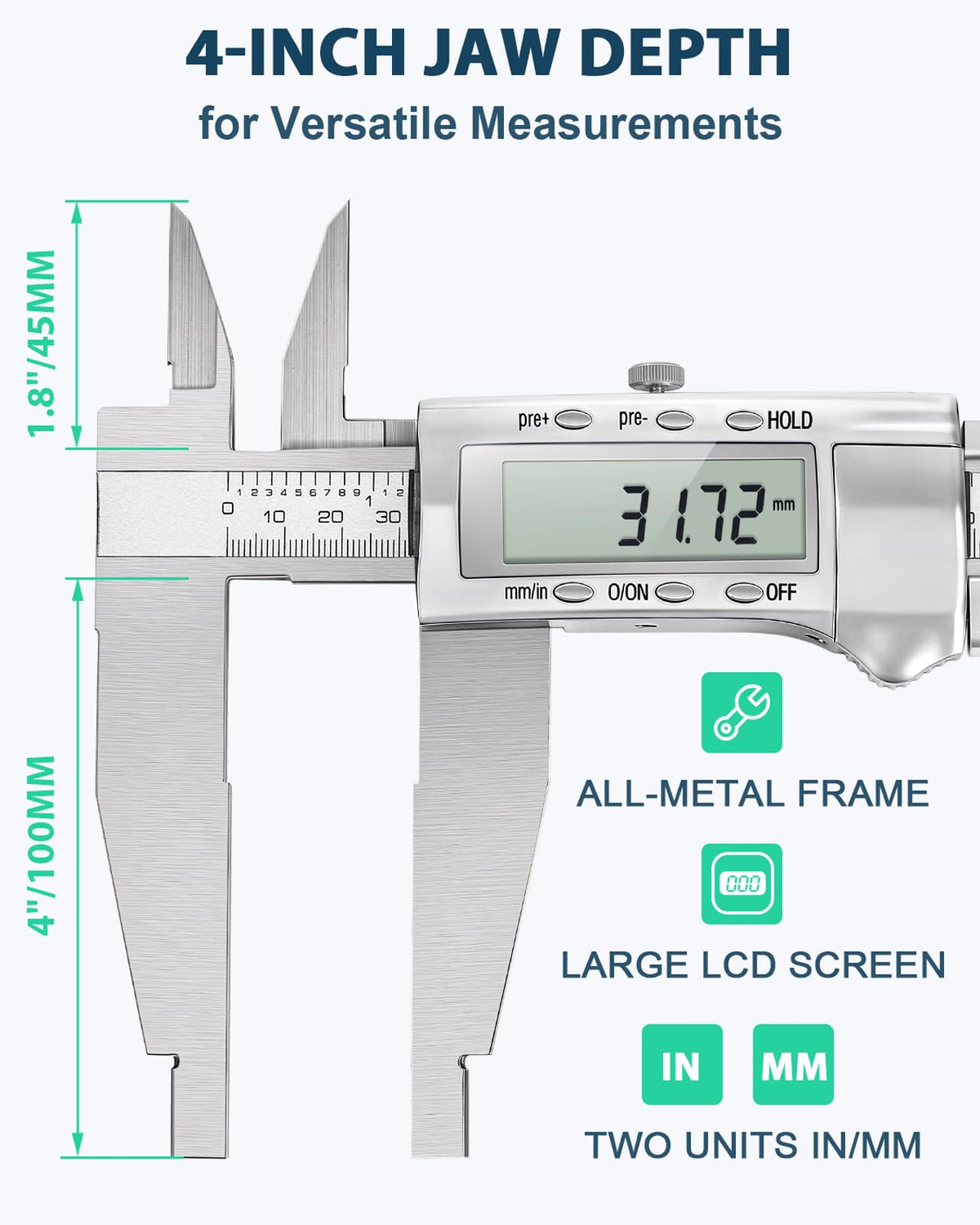 Mxmoonfree 12-Inch Digital Caliper with 4-Inch Jaw Depth, Precision Measuring Tool, Full Metal Frame, Large LCD Screen, Resolution 0.0005"/0.01mm, Ideal for Professionals & Hobbyists