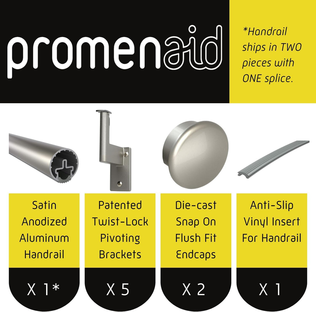 Promenaid - 1.5ft Flush Handrail Kit Sliver Finish Complete Indoor/Outdoor Handrail for Stairs with ADA Wall Return Kit Flush Endcap Replacement
