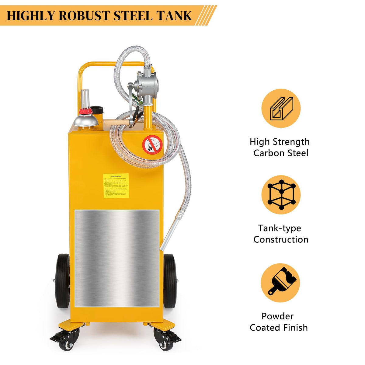 AutoForever 30-Gallon Oil Transfer Fluid Diesel Fuel Storage Tanks Gas Caddy Storage Diesel Kerosene Storage Containers with Rolling Flat-Free Solid Rubber Wheels for Boat, ATV, Car, Motorcycle Yellow